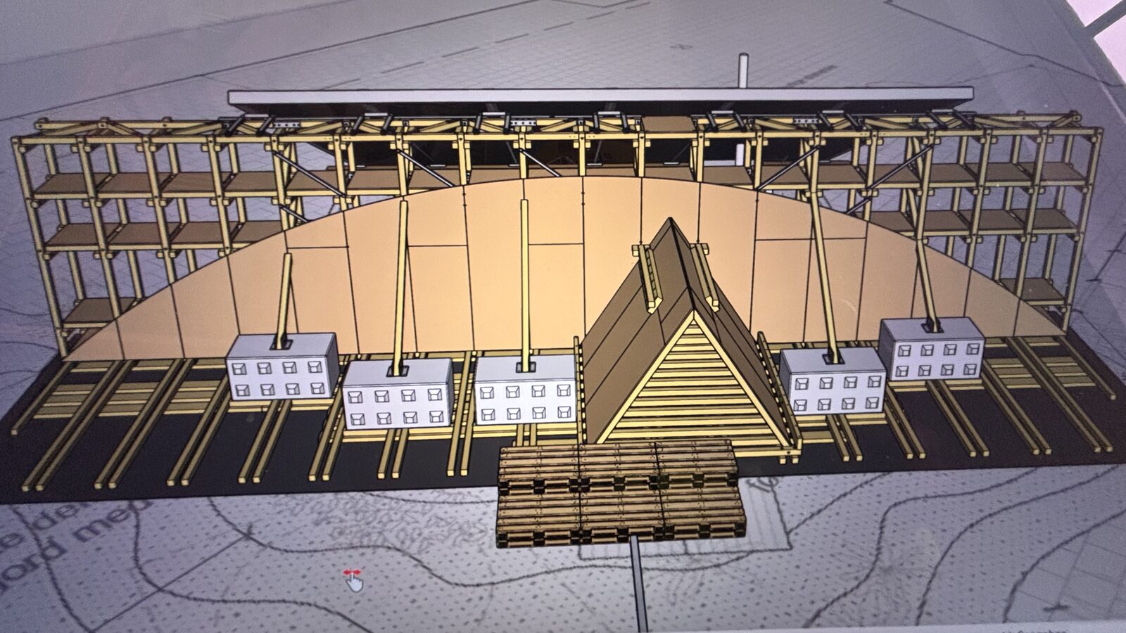 3D-prosjektering av paviljongen — hele bæresystemet modellert på forhånd